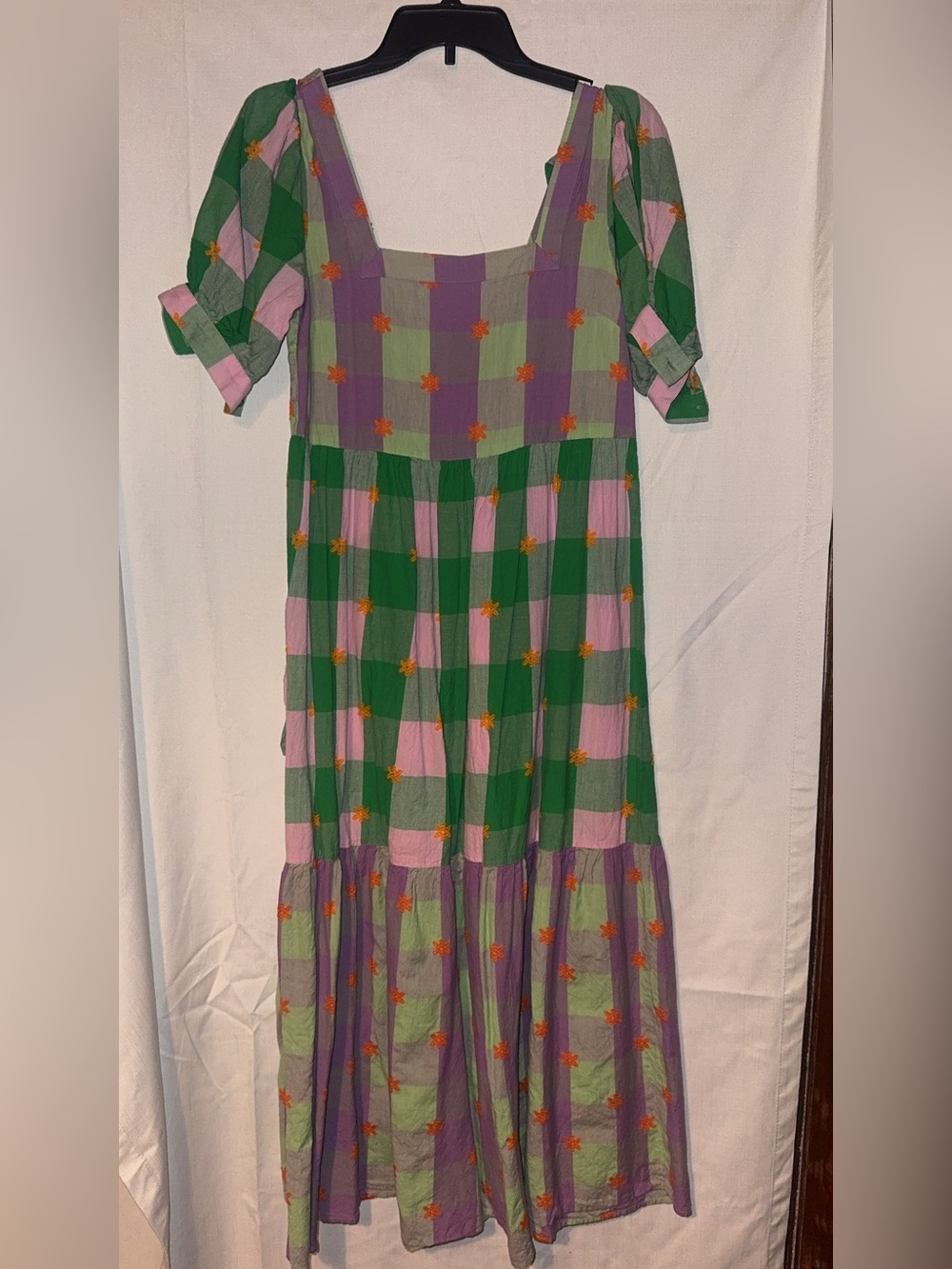 Green and Lavender Check Maxi Dress with Orange Floral Accents